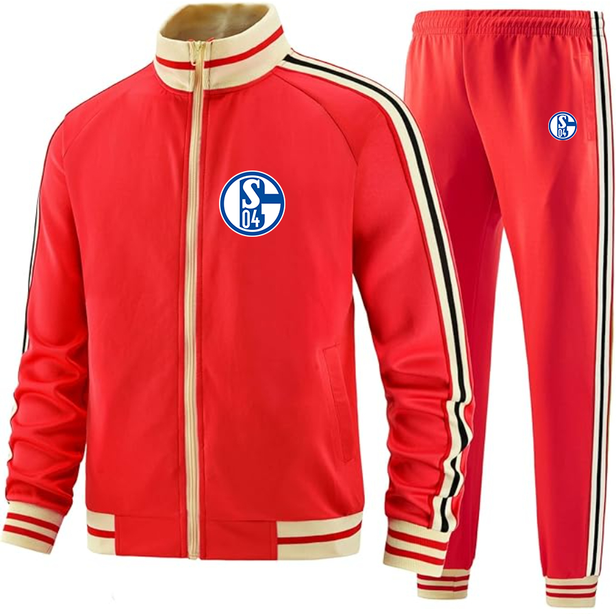 Men's  Schalke 04 FC - Premium Two-Piece Designer Tracksuit with Bold Striped Accents and Zippered Front - Elevated Athletic Wear