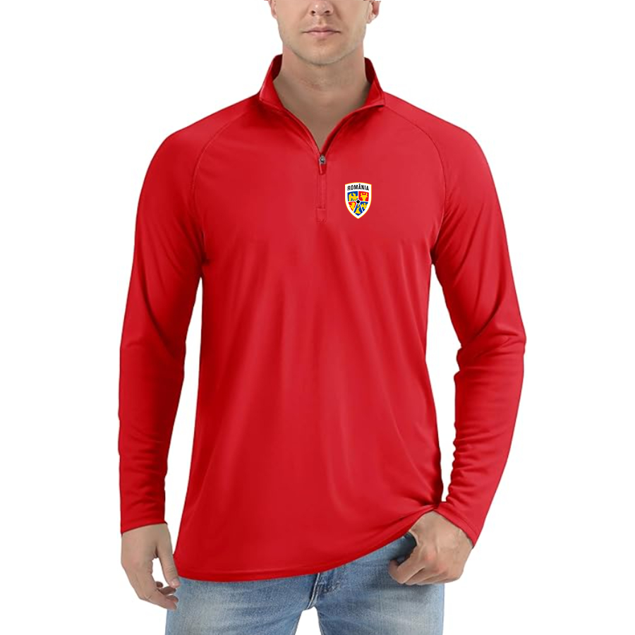 Men’s  Romania National Soccer Team - Lightweight Quarter-Zip Athletic Shirt – Long Sleeve Performance Wear