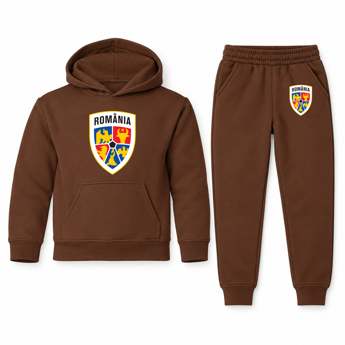 Romania National Soccer Team youth hoodie jogger set, Brown, Youth Large ages 10–12