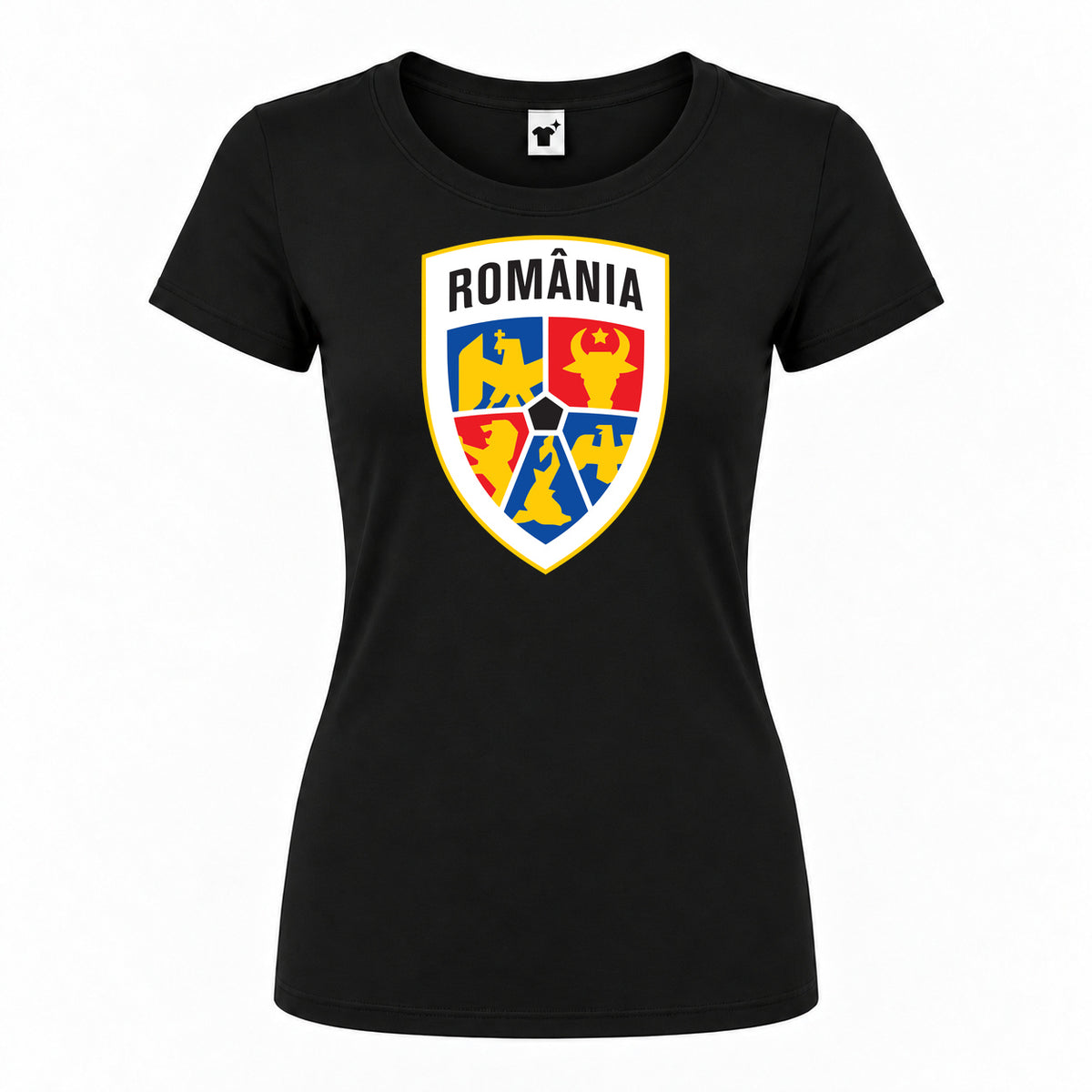 Women's Romania National Soccer Team Round Neck T-Shirt — Black — original logo on current Drive garment