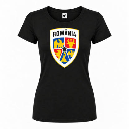 Women's Romania National Soccer Team Round Neck T-Shirt — Black — original logo on current Drive garment