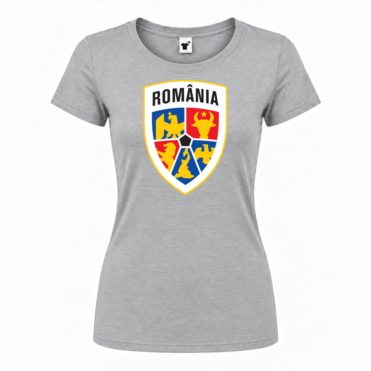 Women's Romania National Soccer Team Round Neck T-Shirt — Grey — original logo on current Drive garment