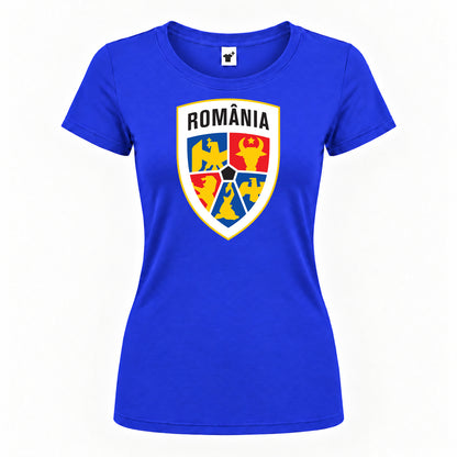 Women's Romania National Soccer Team Round Neck T-Shirt — Royal Blue — original logo on current Drive garment