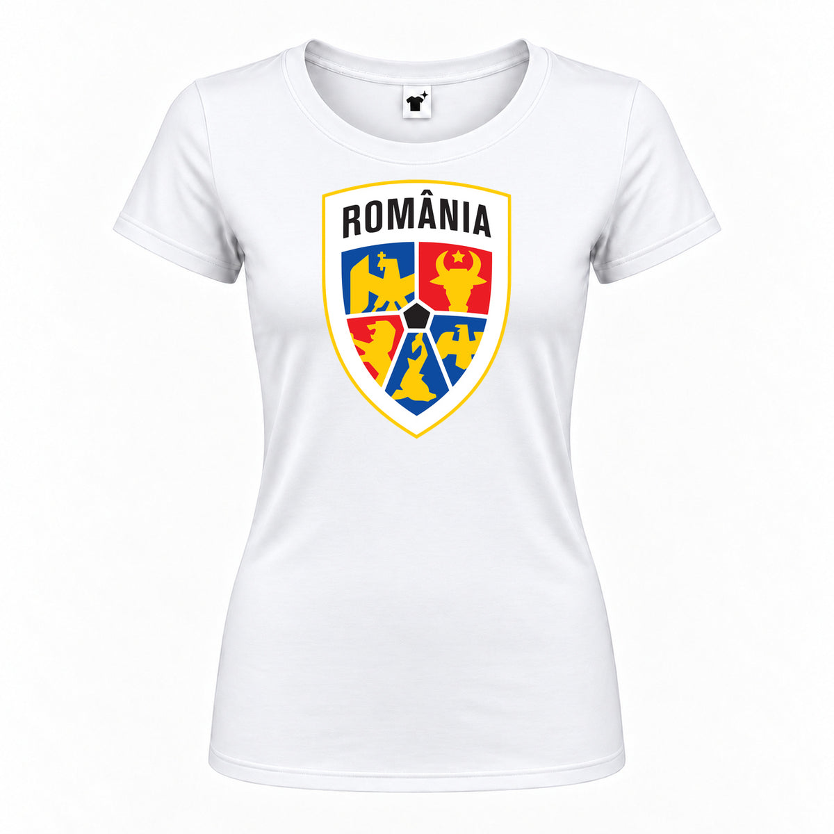 Women's Romania National Soccer Team Round Neck T-Shirt — White — original logo on current Drive garment