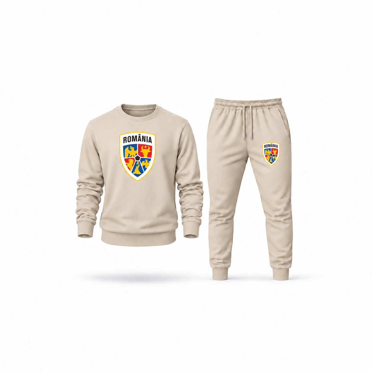 Men's Romania National Soccer Team Sweatshirt Joggers Set | Color: Tan | Main