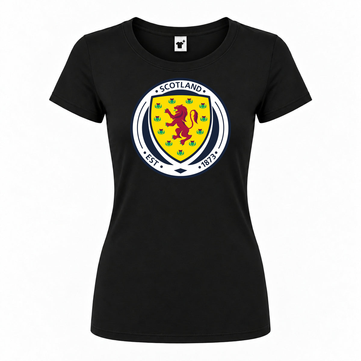 Women's Scotland National Soccer Team Round Neck T-Shirt — Black — original logo on current Drive garment