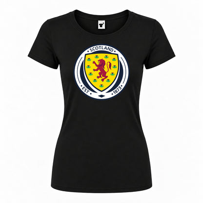 Women's Scotland National Soccer Team Round Neck T-Shirt — Black — original logo on current Drive garment