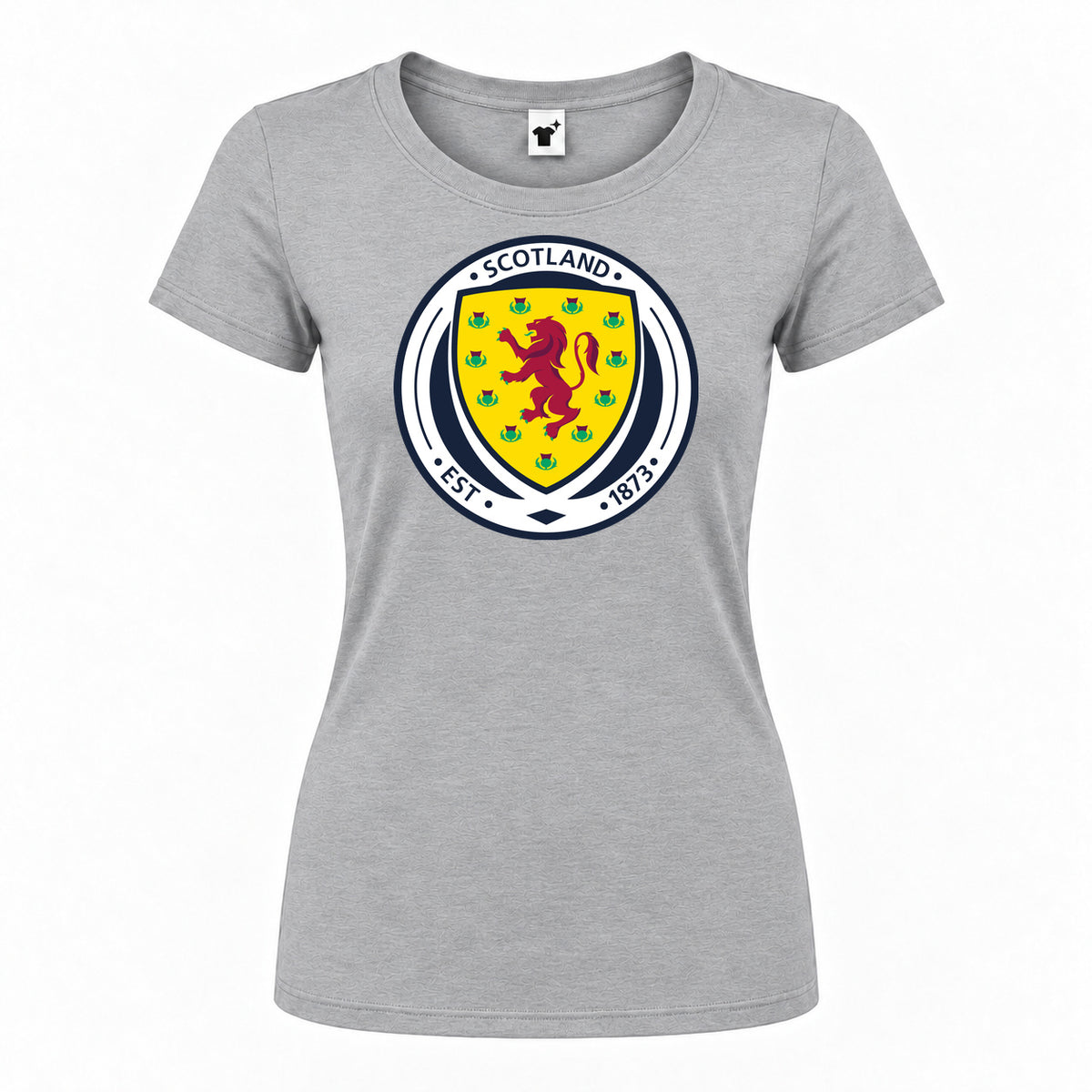 Women's Scotland National Soccer Team Round Neck T-Shirt — Grey — original logo on current Drive garment