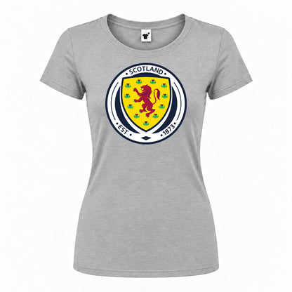 Women's Scotland National Soccer Team Round Neck T-Shirt — Grey — original logo on current Drive garment