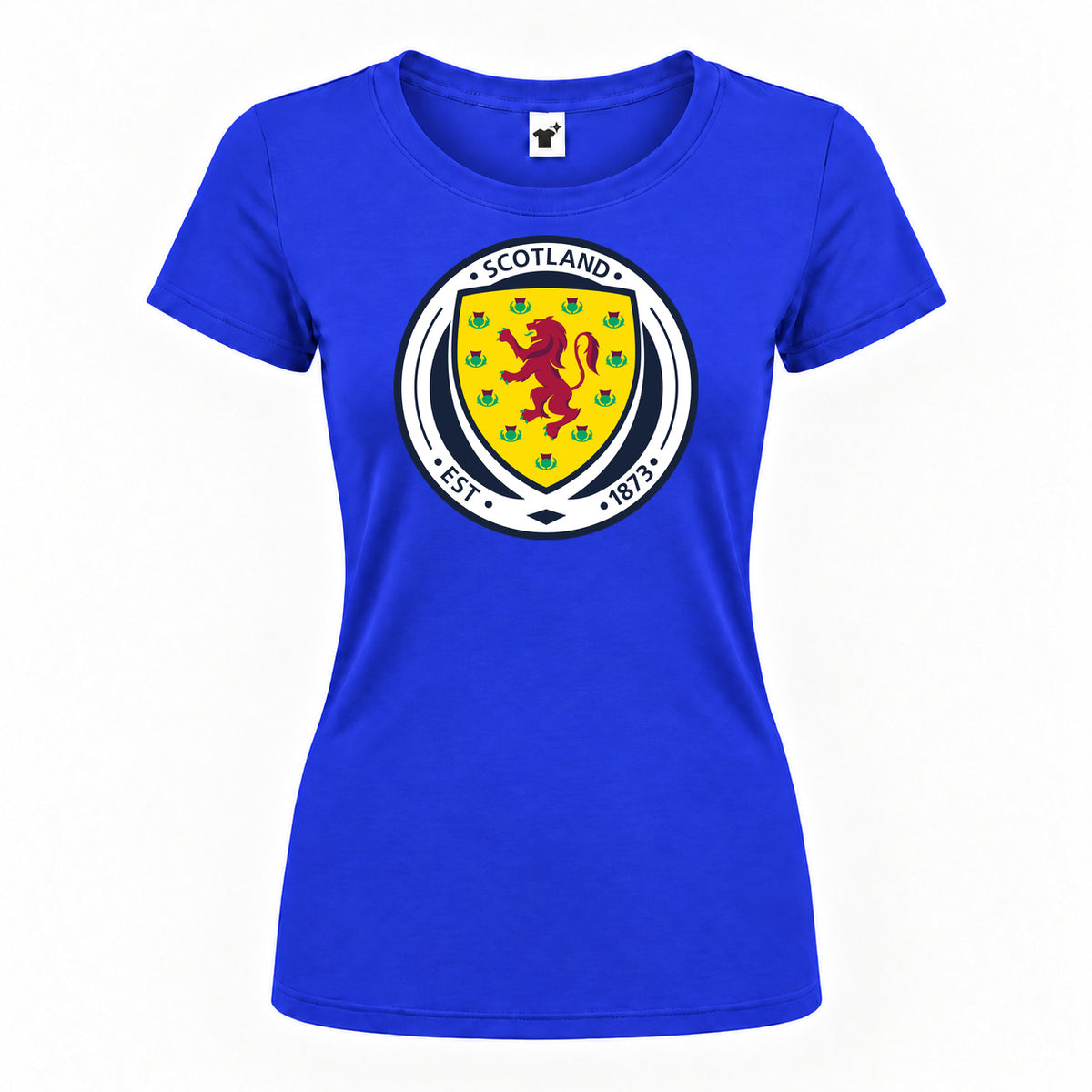Women's Scotland National Soccer Team Round Neck T-Shirt — Royal Blue — original logo on current Drive garment