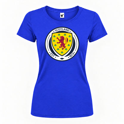 Women's Scotland National Soccer Team Round Neck T-Shirt — Royal Blue — original logo on current Drive garment