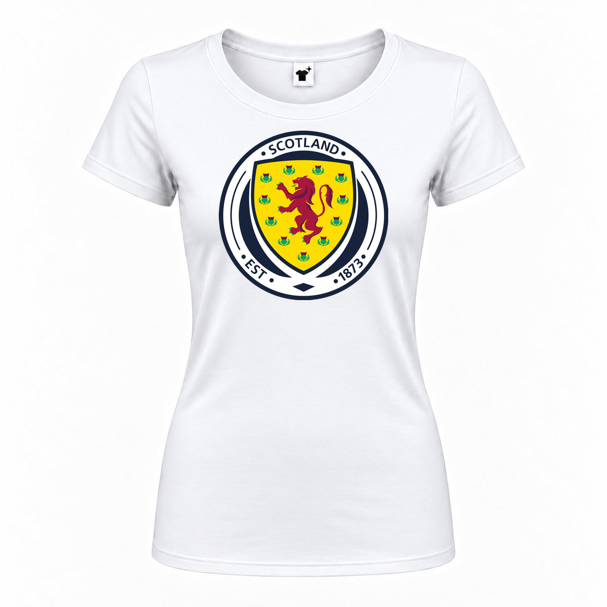 Women's Scotland National Soccer Team Round Neck T-Shirt — White — original logo on current Drive garment