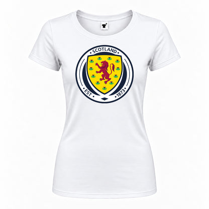 Women's Scotland National Soccer Team Round Neck T-Shirt — White — original logo on current Drive garment