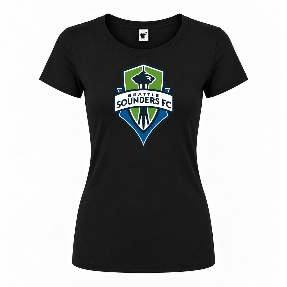 Women's Seattle Sounders FC Round Neck T-Shirt — Black — original logo on current Drive garment