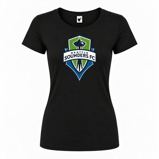 Women's Seattle Sounders FC Round Neck T-Shirt — Black — original logo on current Drive garment