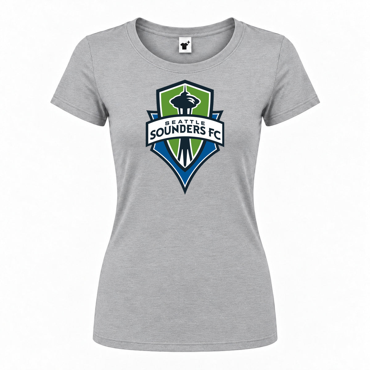 Women's Seattle Sounders FC Round Neck T-Shirt — Grey — original logo on current Drive garment