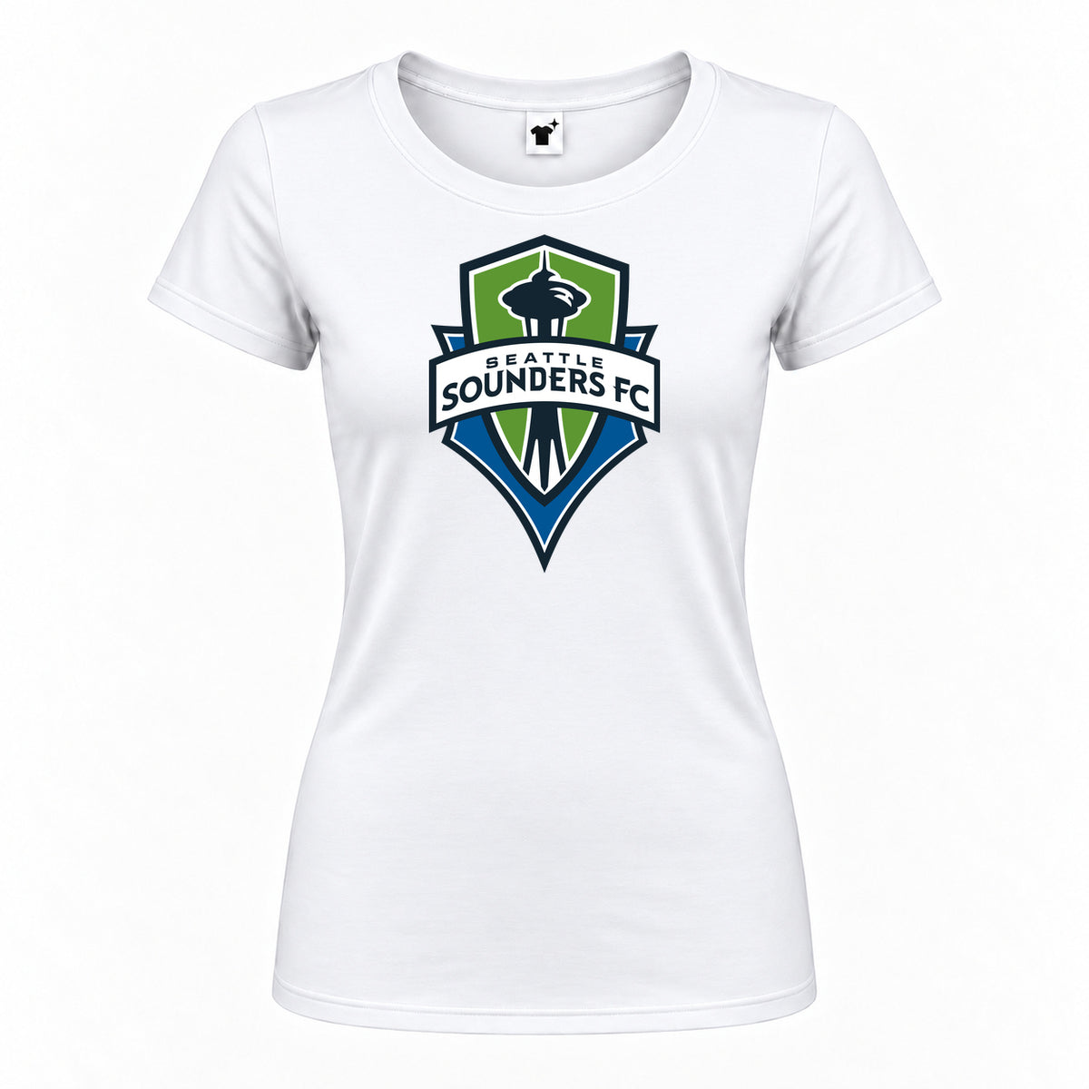 Women's Seattle Sounders FC Round Neck T-Shirt — White — original logo on current Drive garment
