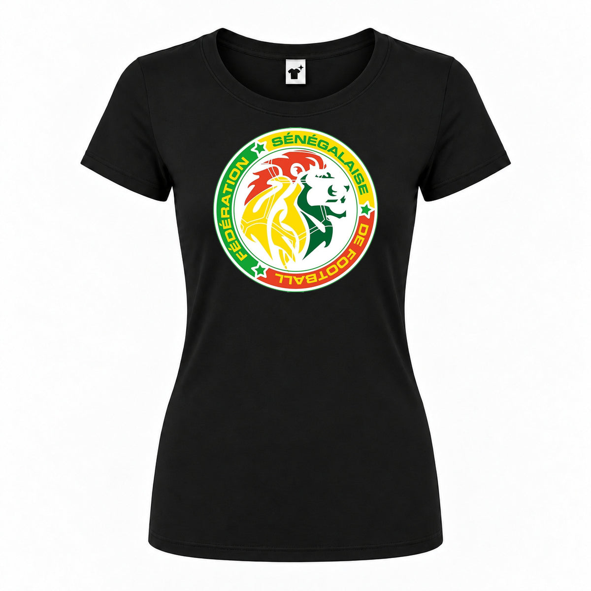 Women's Senegal National Soccer Team Round Neck T-Shirt — Black — original logo on current Drive garment