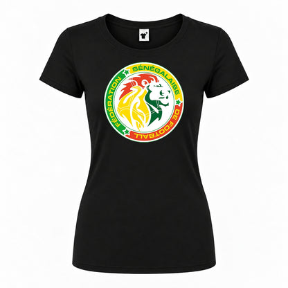 Women's Senegal National Soccer Team Round Neck T-Shirt — Black — original logo on current Drive garment
