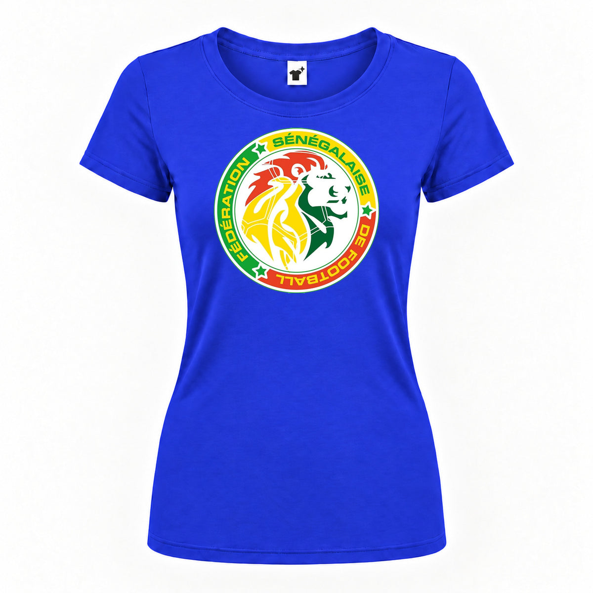 Women's Senegal National Soccer Team Round Neck T-Shirt — Royal Blue — original logo on current Drive garment