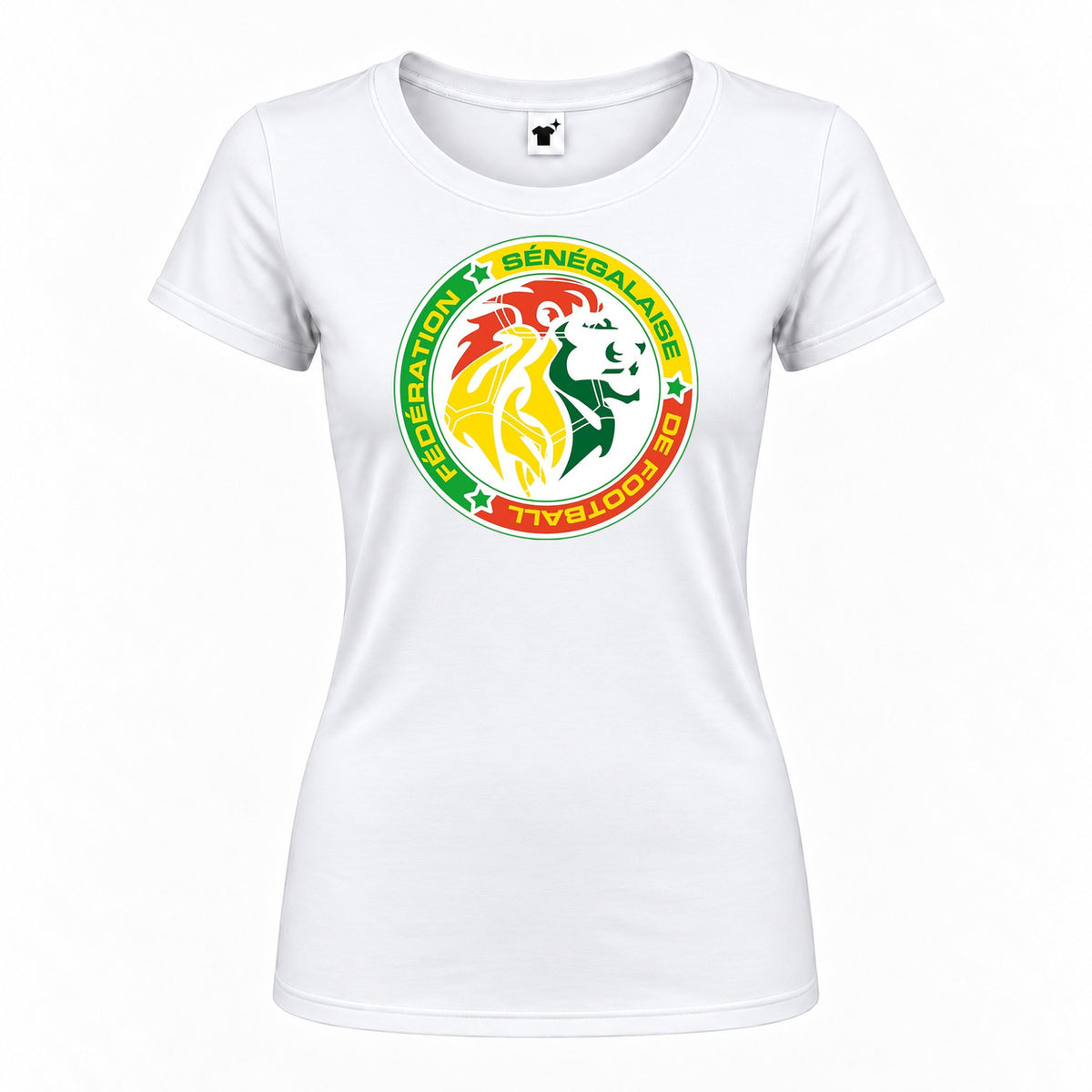 Women's Senegal National Soccer Team Round Neck T-Shirt — White — original logo on current Drive garment