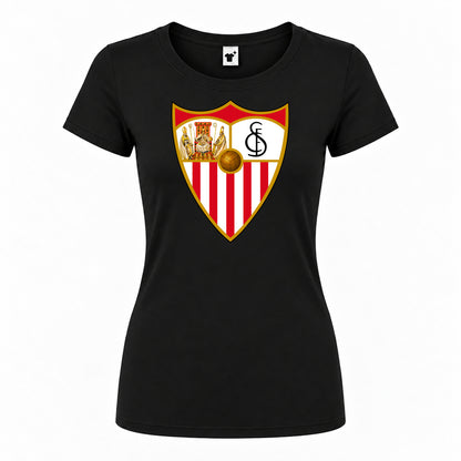 Women's Sevilla FC Round Neck T-Shirt — Black — original logo on current Drive garment