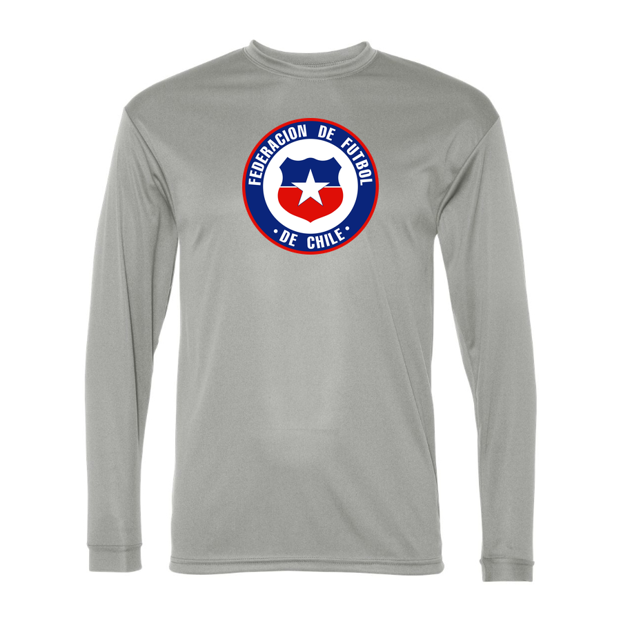 Men’s Chile National Soccer Team Performance Long Sleeve T-Shirt | Color: Silver | Original artwork on Drive garment