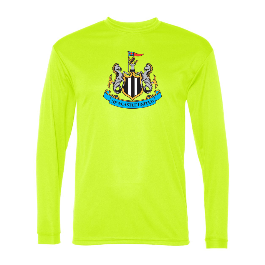 Men’s Newcastle United FC Performance Long Sleeve T-Shirt | Color: Safety Yellow | Original artwork on Drive garment