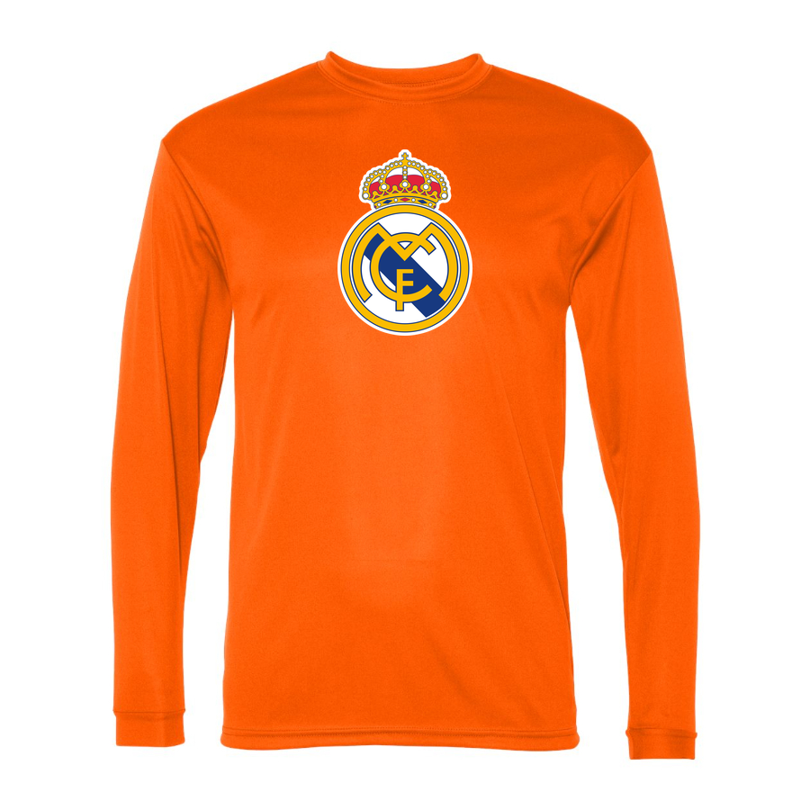 Men’s Real Madrid Soccer Performance Long Sleeve T-Shirt | Color: Safety Orange | Original artwork on Drive garment