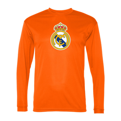 Men’s Real Madrid Soccer Performance Long Sleeve T-Shirt | Color: Safety Orange | Original artwork on Drive garment
