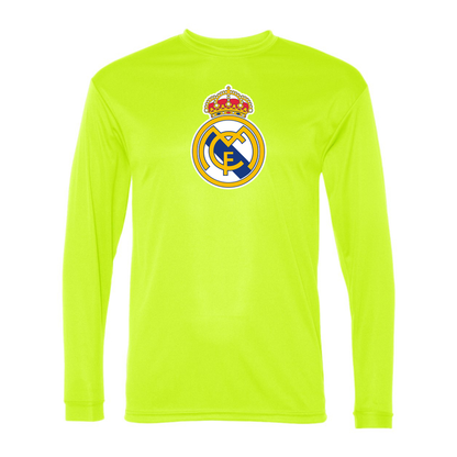 Men’s Real Madrid Soccer Performance Long Sleeve T-Shirt | Color: Safety Yellow | Original artwork on Drive garment