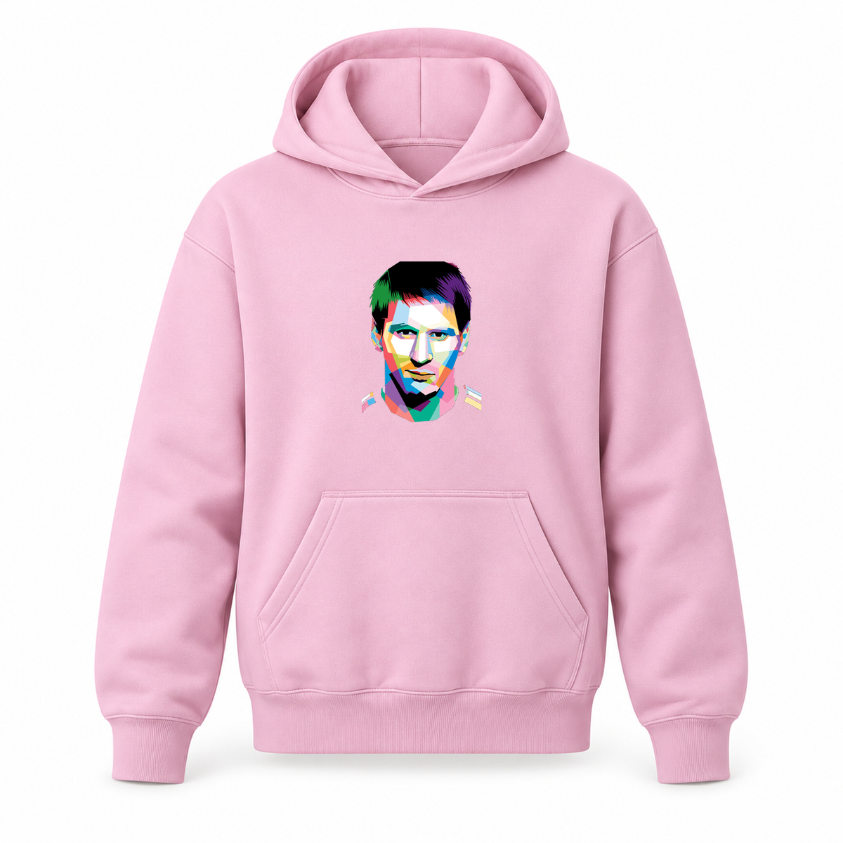 Youth Kids Lionel Messi Face Art Soccer Pullover Hoodie | Color: Light Pink | Original artwork on Drive garment