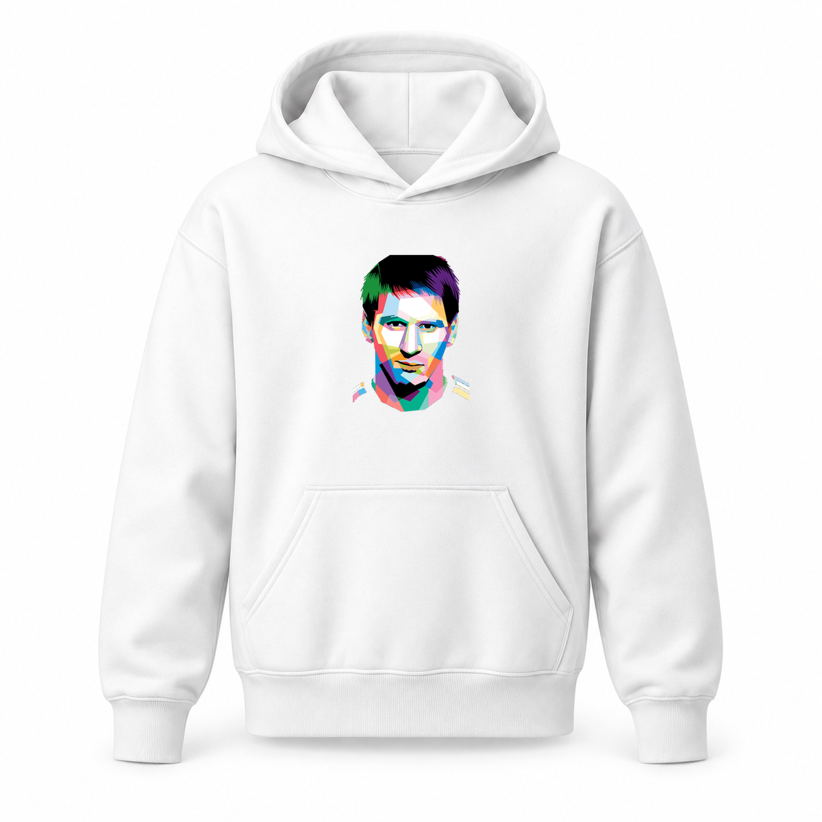 Youth Kids Lionel Messi Face Art Soccer Pullover Hoodie | Color: White | Original artwork on Drive garment