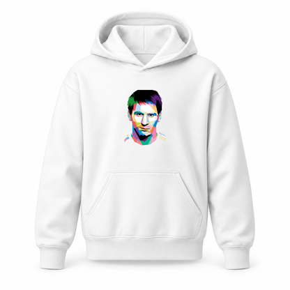 Youth Kids Lionel Messi Face Art Soccer Pullover Hoodie | Color: White | Original artwork on Drive garment