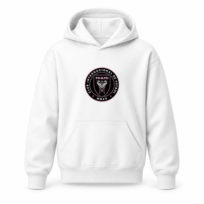 Youth Kids Inter Miami FC Pullover Hoodie | Color: White | Original artwork on Drive garment