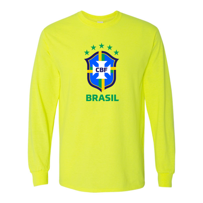 Men's Brasil National Soccer Team Cotton Long Sleeve T-Shirt | Color: Safety Green | Original artwork
