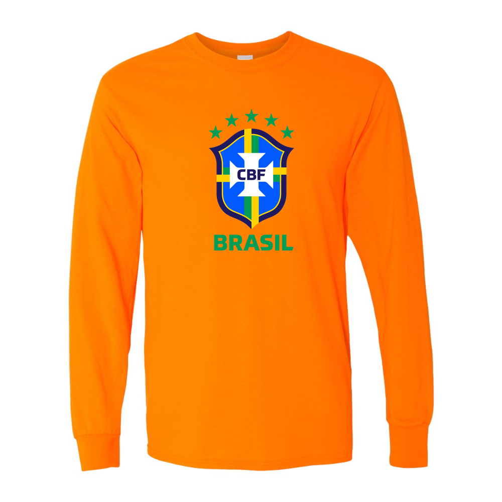 Men's Brasil National Soccer Team Cotton Long Sleeve T-Shirt | Color: Safety Orange | Original artwork