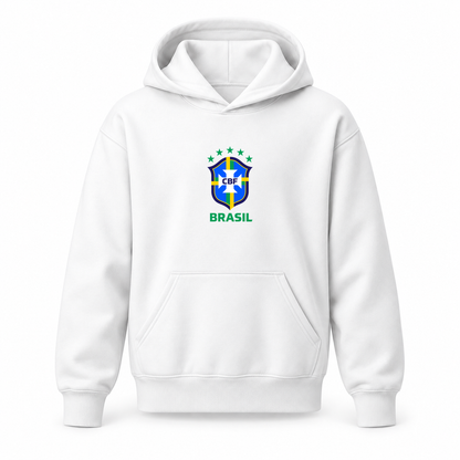 Youth Kids Brasil National Soccer Team Pullover Hoodie | Color: White | Original artwork on Drive garment
