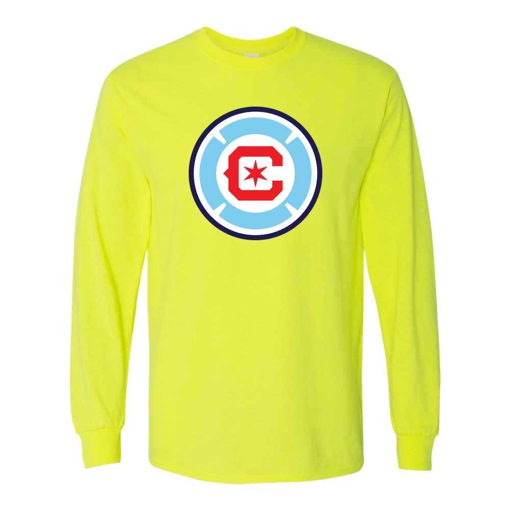Men's Chicago Fire Soccer Cotton Long Sleeve T-Shirt | Color: Safety Green | Original artwork