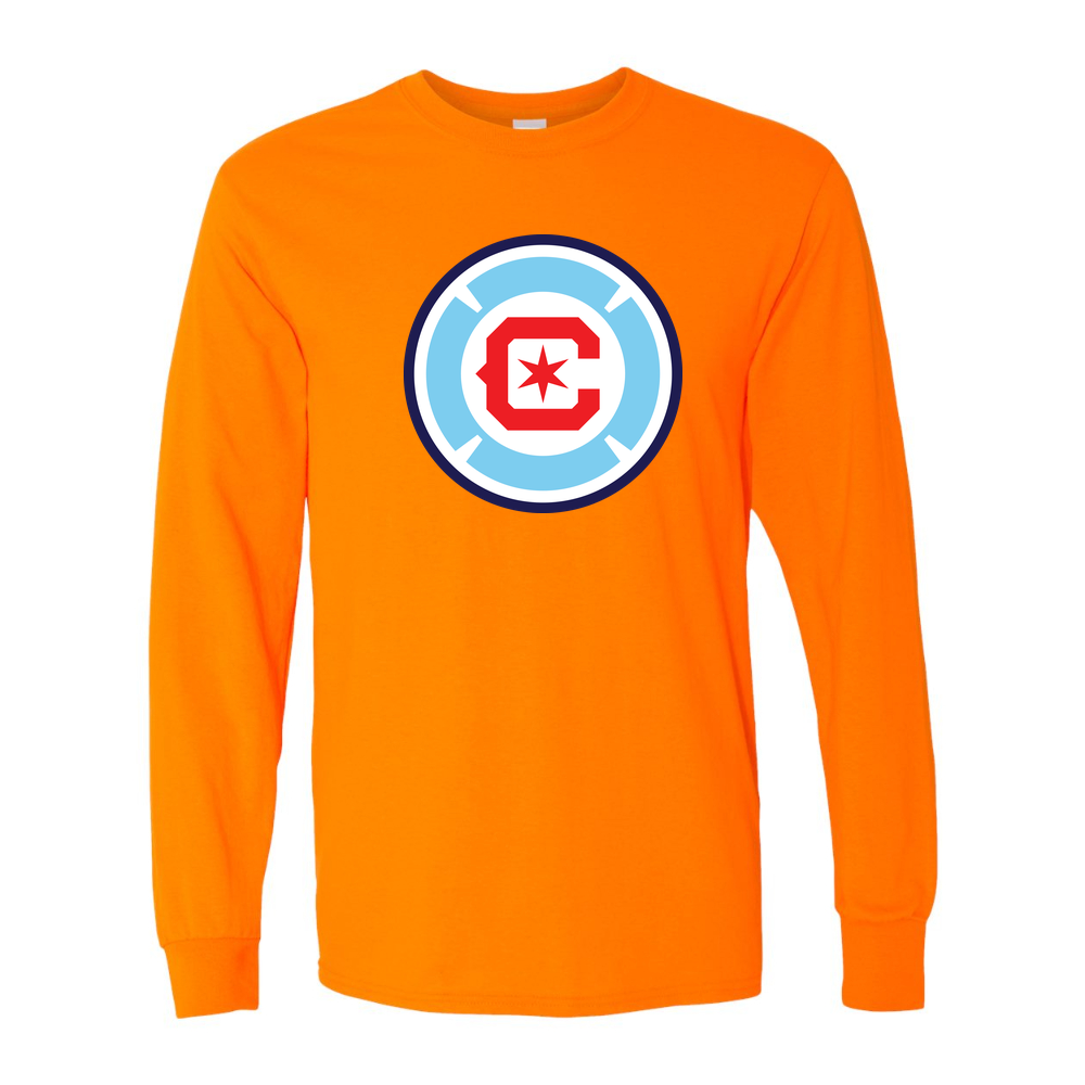 Men's Chicago Fire Soccer Cotton Long Sleeve T-Shirt | Color: Safety Orange | Original artwork