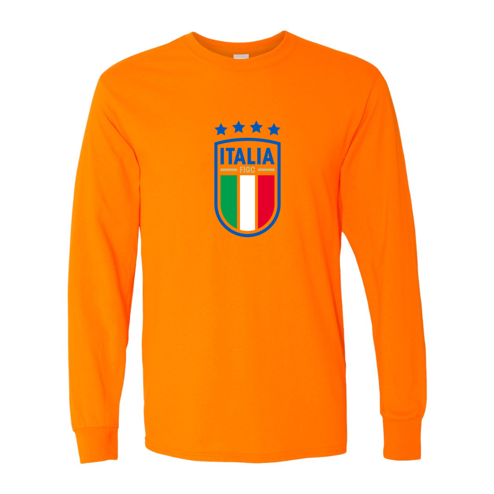 Men's Italy National Soccer Team Cotton Long Sleeve T-Shirt | Color: Safety Orange | Original artwork