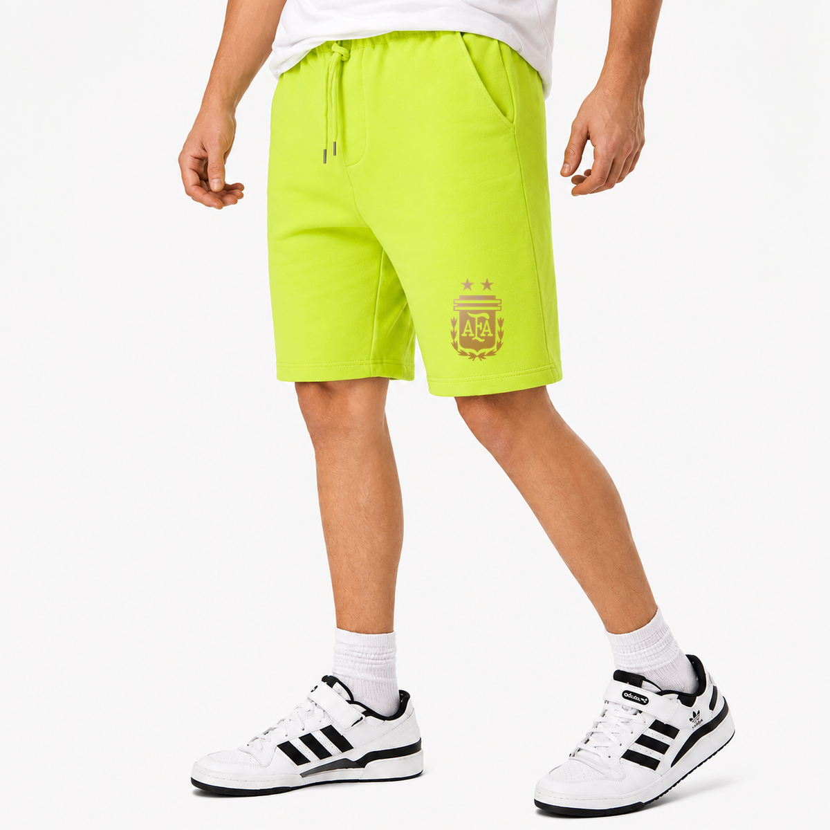 Men's Argentina Soccer Athletic Fleece Shorts | Color: Lime Green | Original artwork on Drive garment