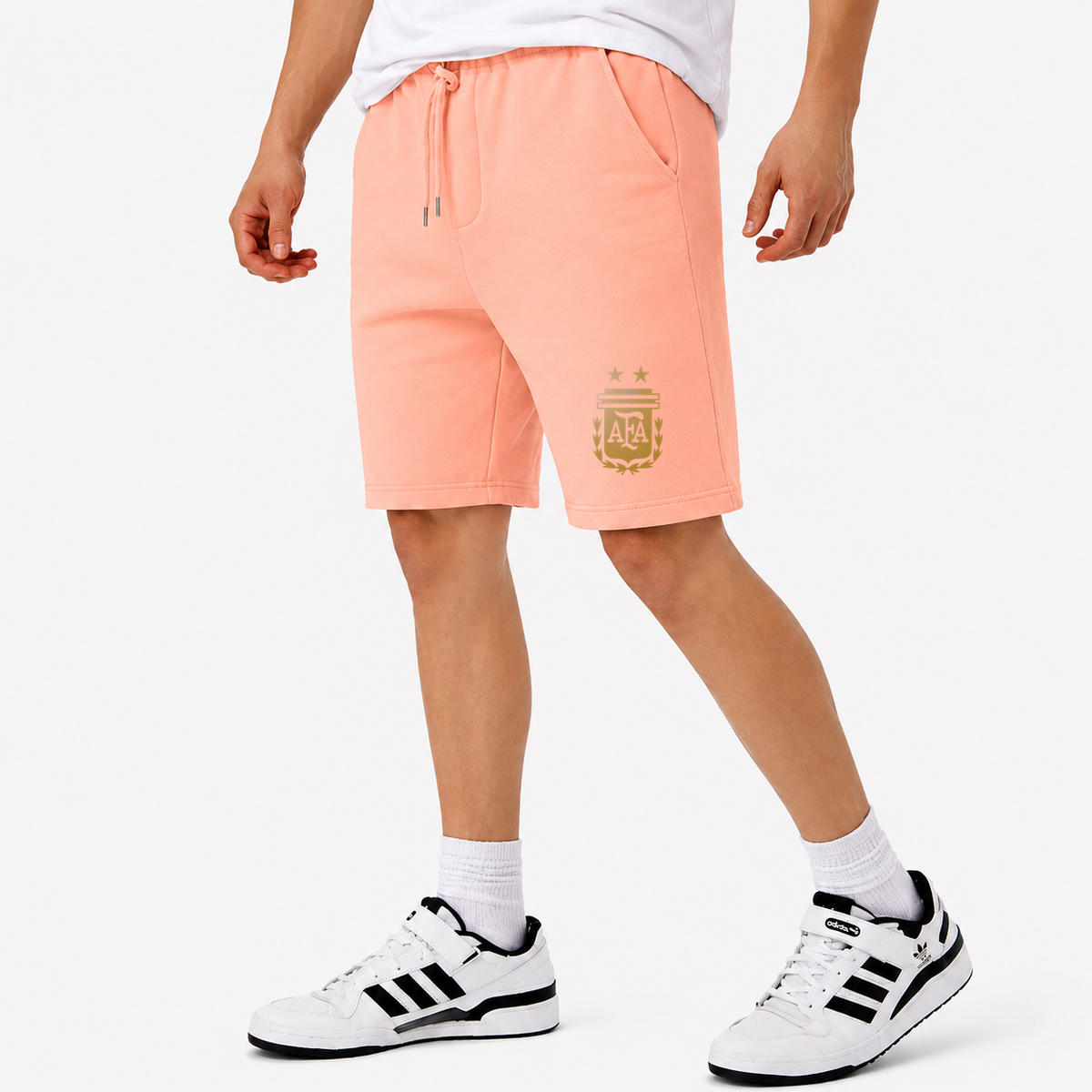 Men's Argentina Soccer Athletic Fleece Shorts | Color: Peach | Original artwork on Drive garment