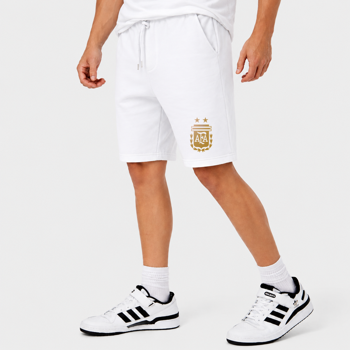 Men's Argentina Soccer Athletic Fleece Shorts | Color: White | Original artwork on Drive garment