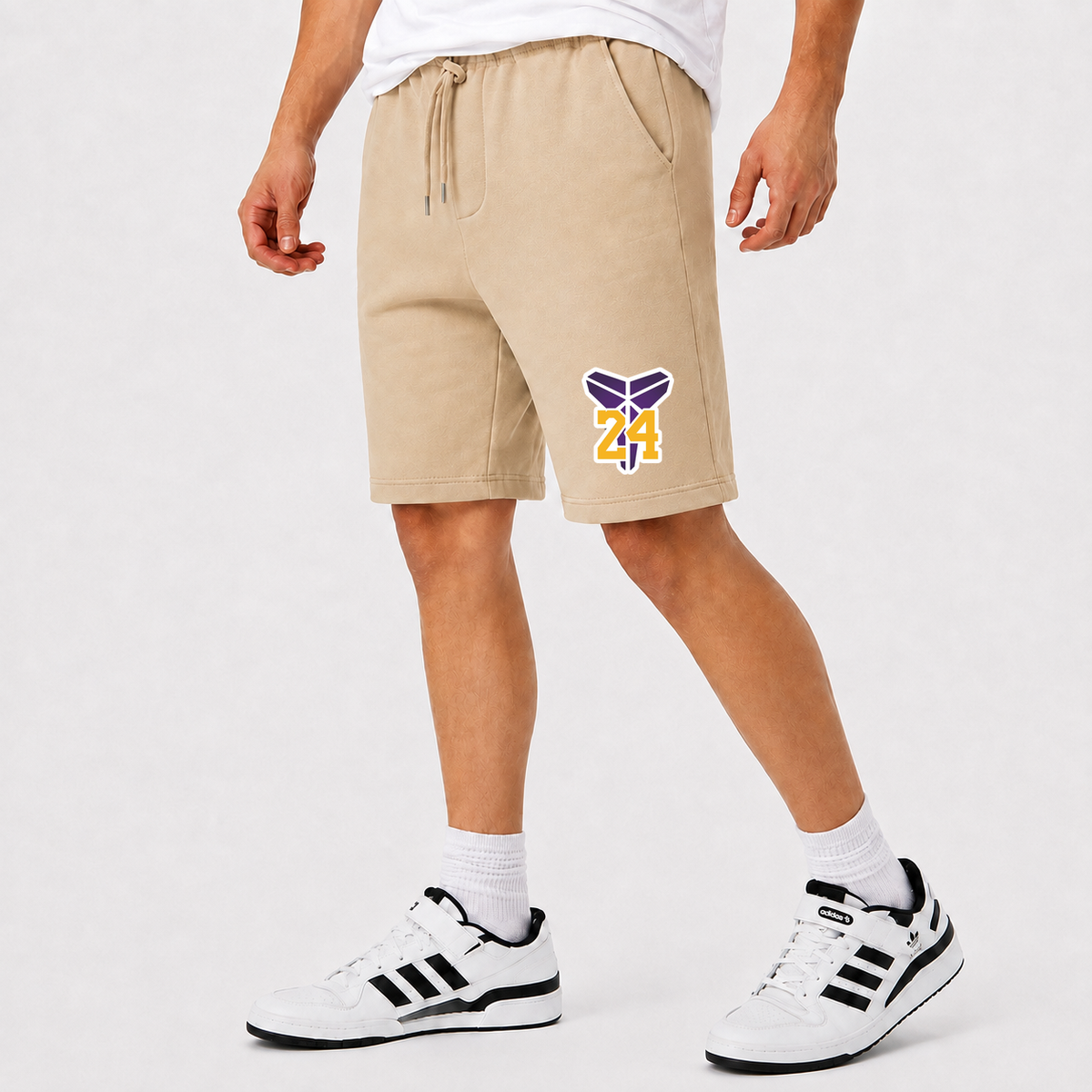 Men's Kobe Bryant Mamba 24 Athletic Fleece Shorts | Color: Beige | Original artwork on Drive garment