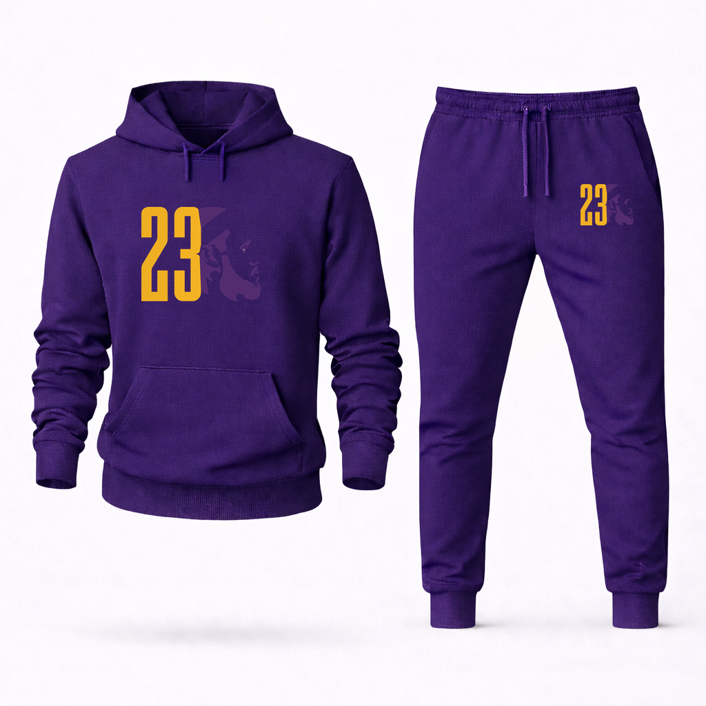 Men's Lebron James 23 Hoodie Joggers Set | Color: Purple | Original artwork on Drive garment