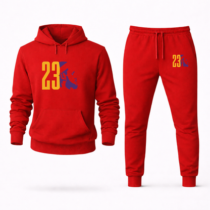 Men's Lebron James 23 Hoodie Joggers Set | Color: Red | Original artwork on Drive garment