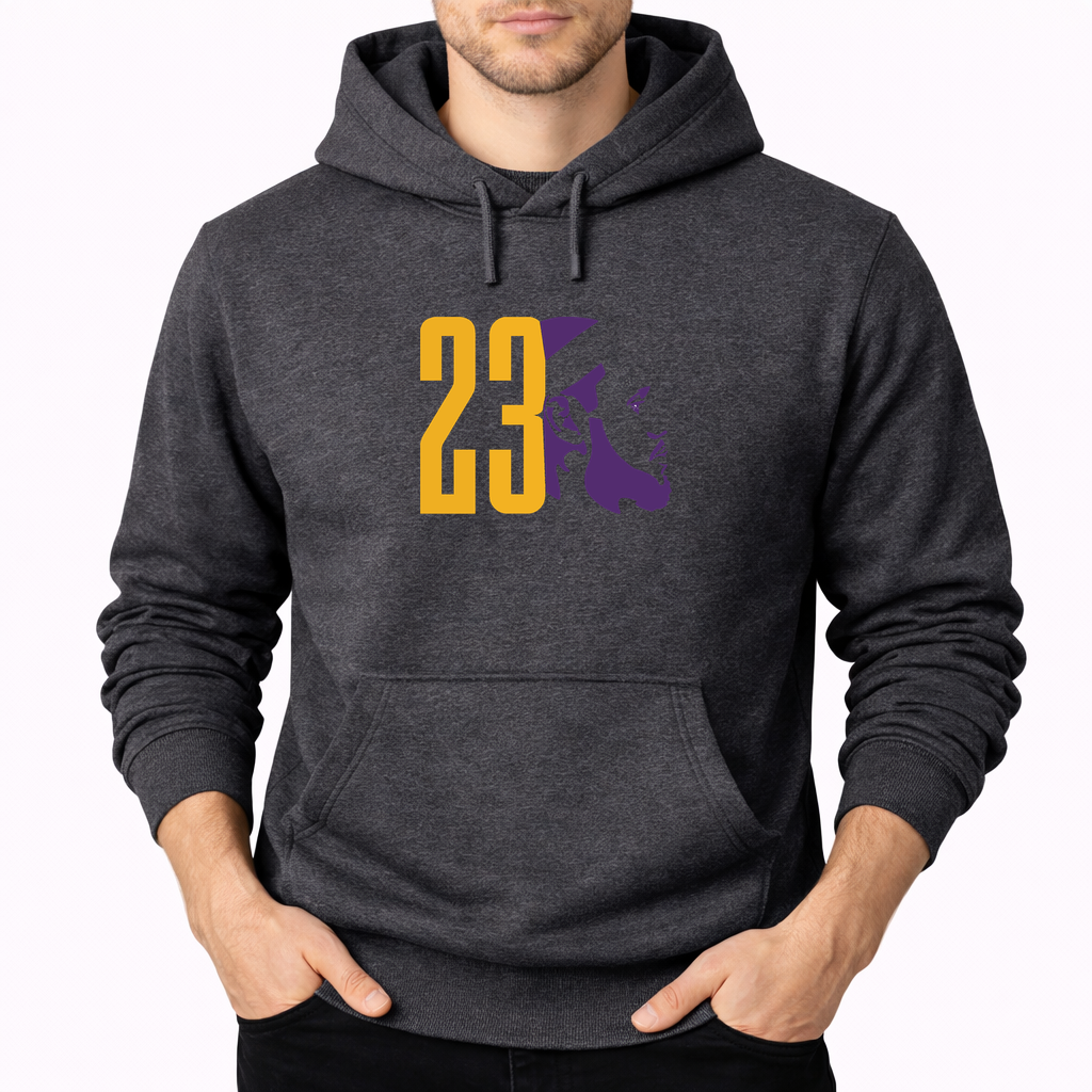 Men's Lebron James 23 Pullover Hoodie | Color: Dark Heather | Original artwork on Drive garment