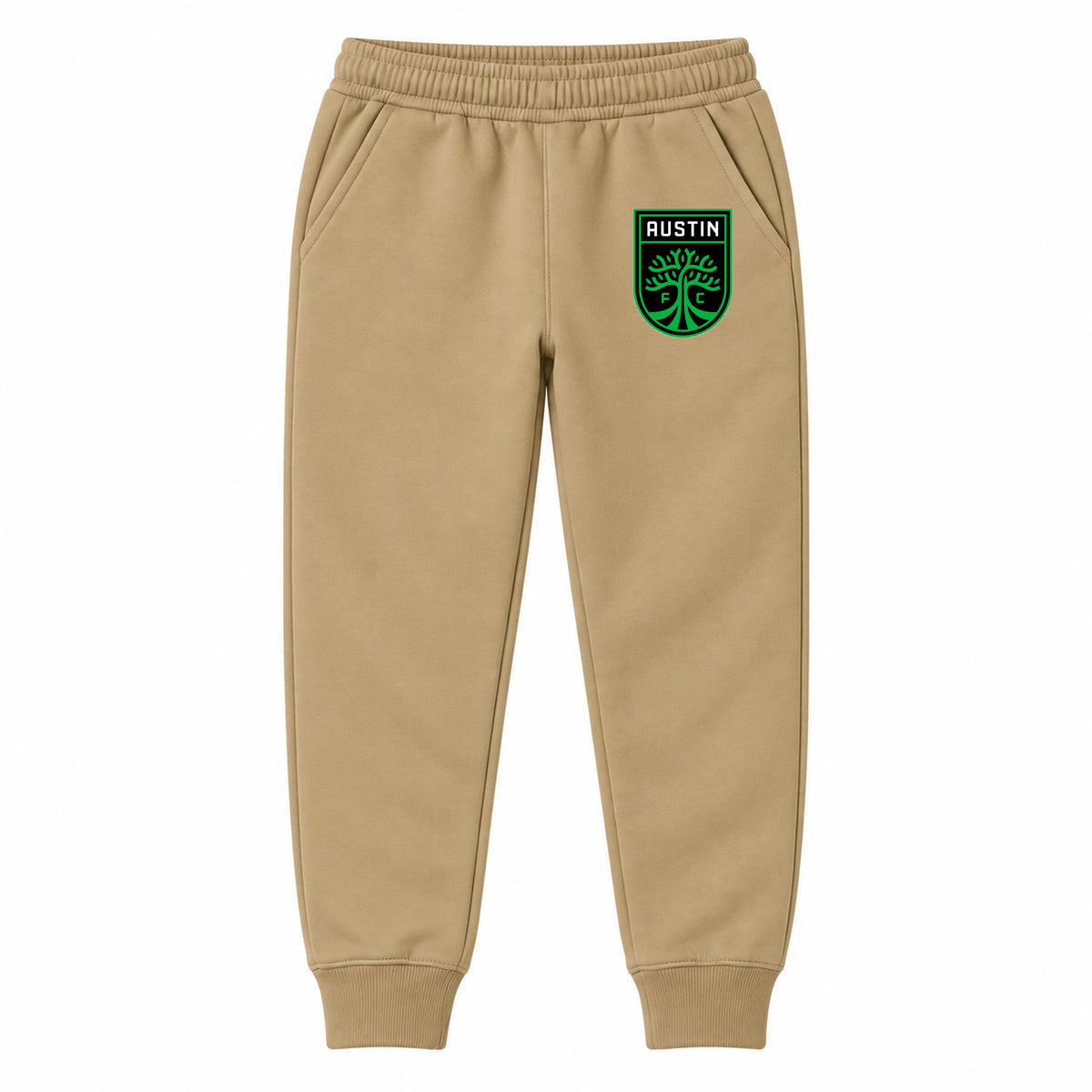 Austin FC youth jogger sweatpants, Khaki, Youth Large ages 10–12