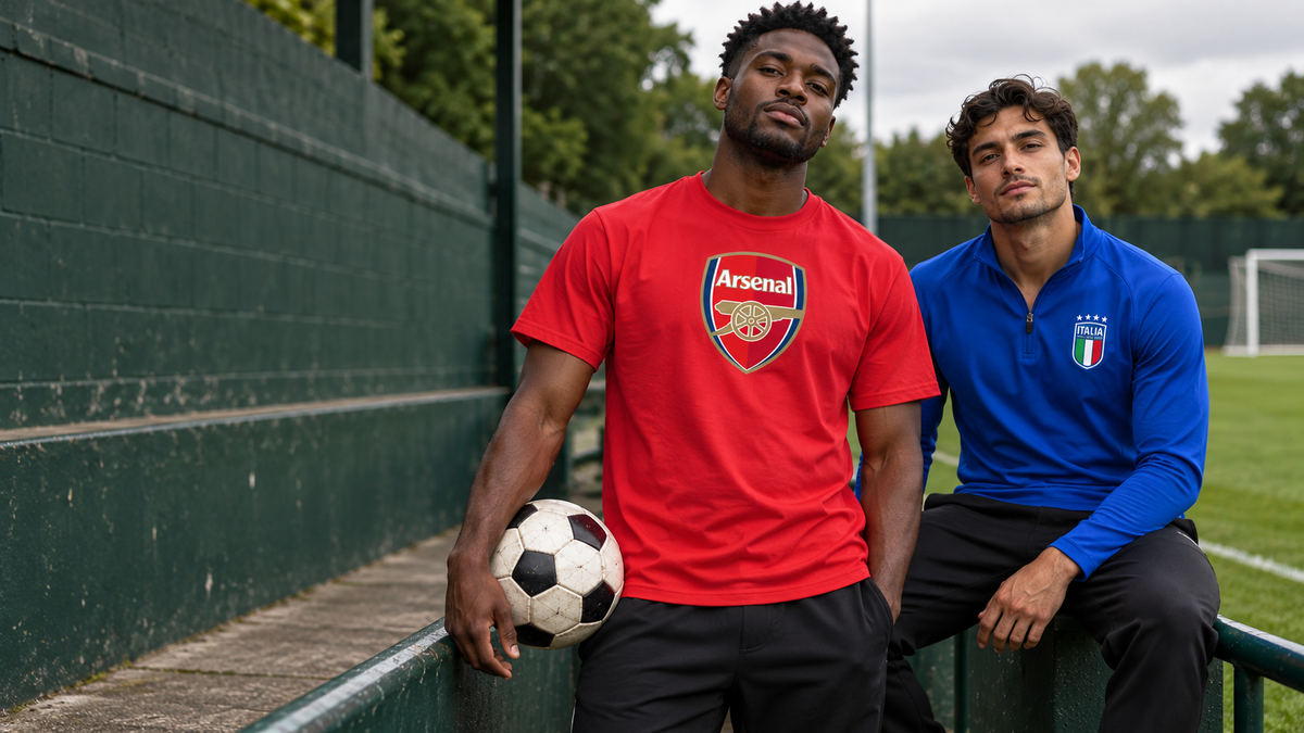 Models wearing red Arsenal shirt and blue Italy top beside a soccer pitch